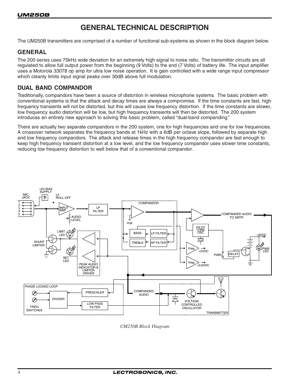 General technical description, General, Dual band compandor | Um250b block diagram | Lectrosonics UM250b User Manual | Page 4 / 18