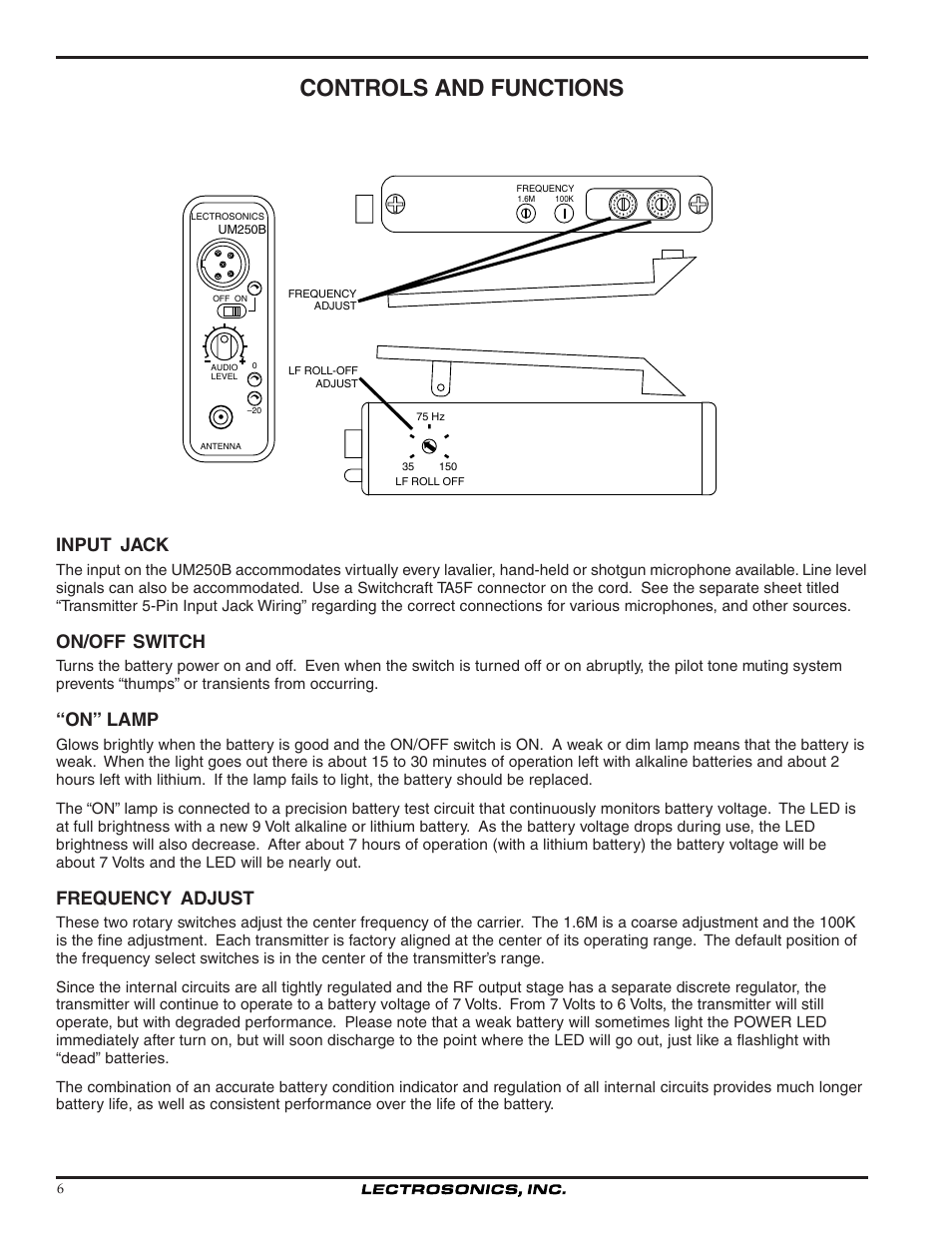 Controls and functions, Input jack, On/off switch | On” lamp, Frequency adjust, Um250b | Lectrosonics UM250b User Manual | Page 6 / 18