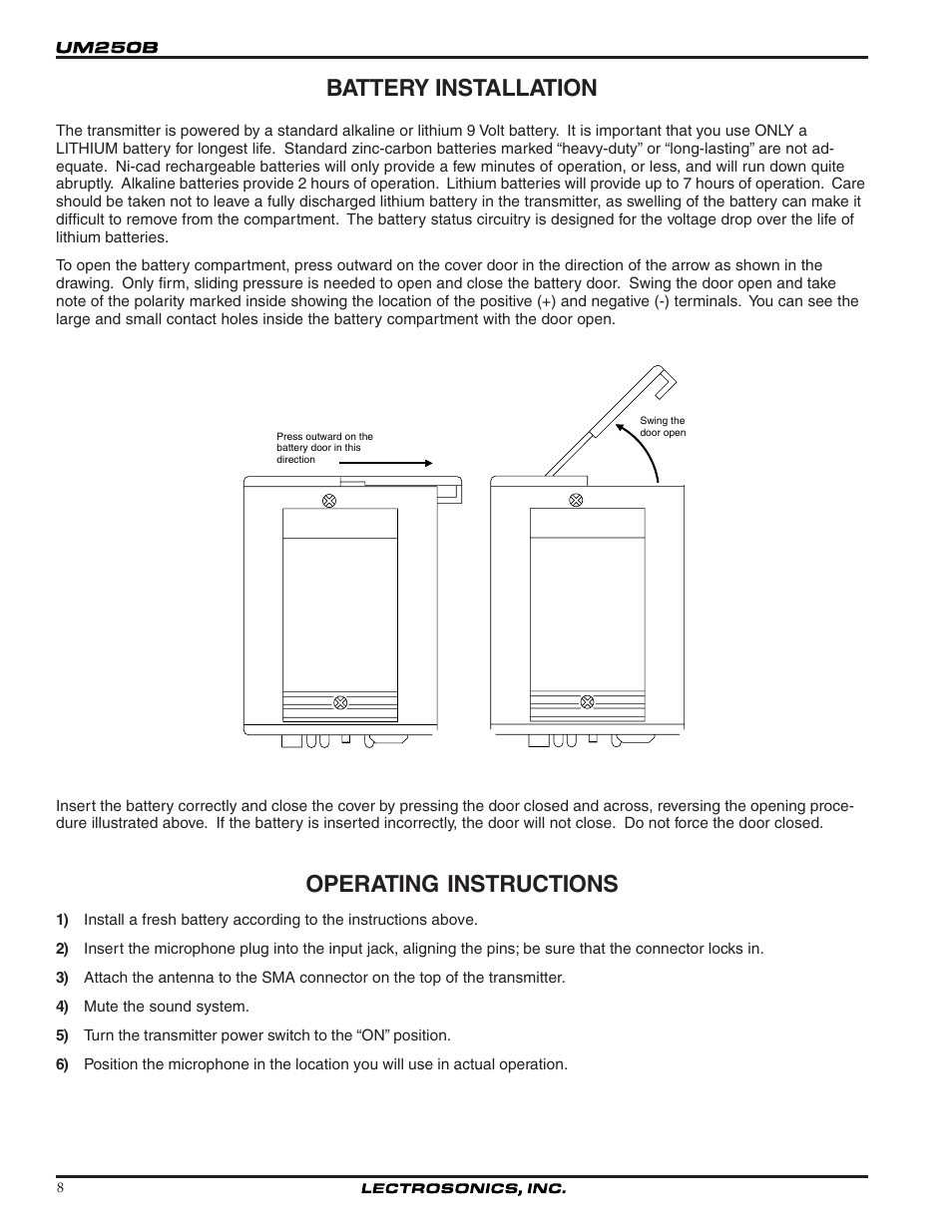 Battery installation, Operating instructions | Lectrosonics UM250b User Manual | Page 8 / 18