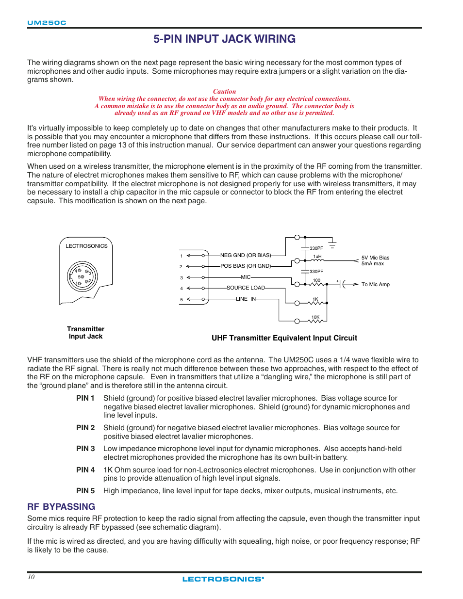 Pin input jack wiring, Rf bypassing, Pin input jack wiring 0 | Lectrosonics UM250c User Manual | Page 10 / 16
