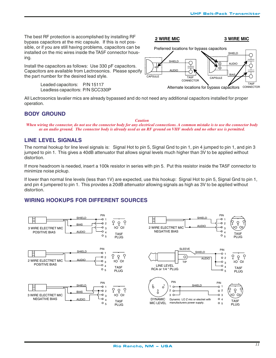 Body ground, Line level signals, Wiring hookups for different sources | Lectrosonics UM250c User Manual | Page 11 / 16