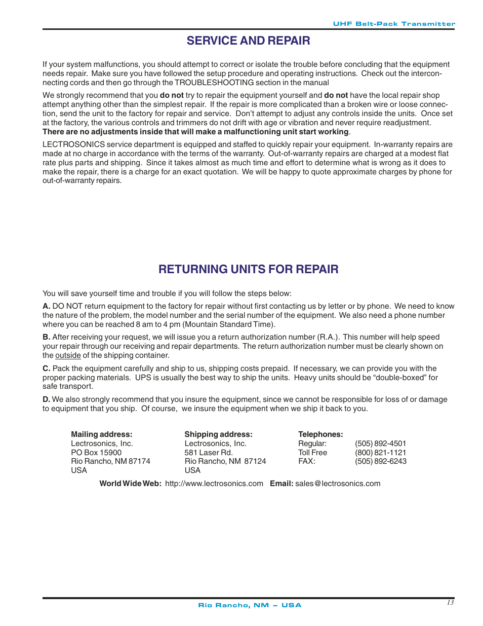 Service and repair, Returning units for repair, Service and repair 3 returning units for repair 3 | Lectrosonics UM250c User Manual | Page 13 / 16
