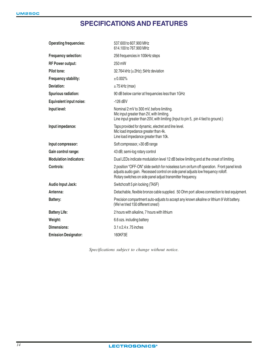 Specifications and features, Specifications and features 4 | Lectrosonics UM250c User Manual | Page 14 / 16