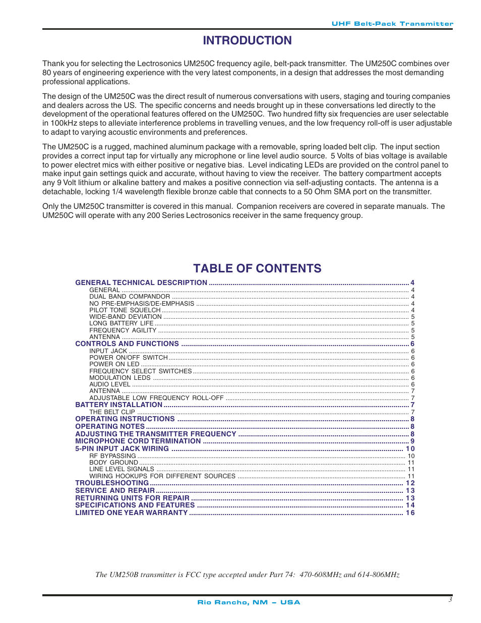 Lectrosonics UM250c User Manual | Page 3 / 16