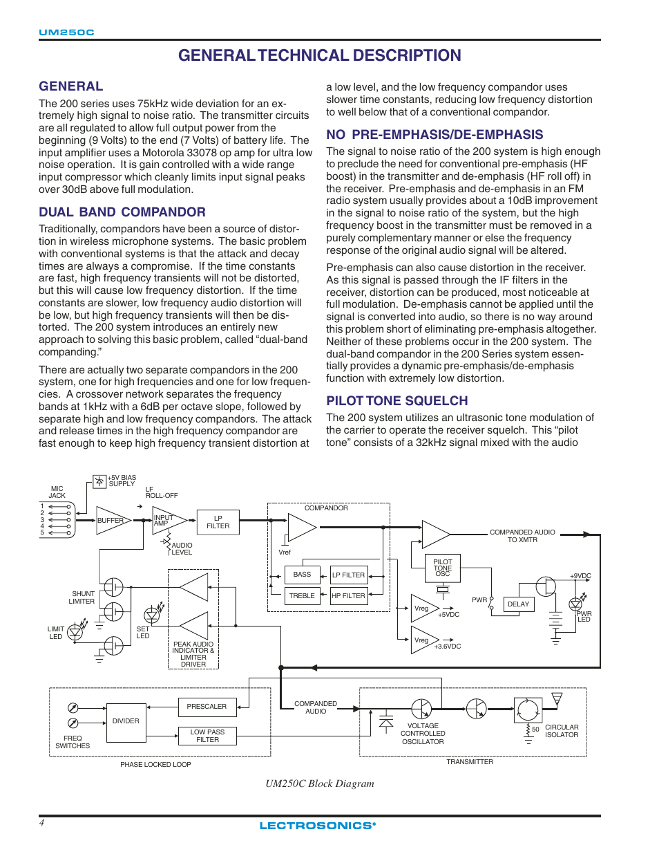 General technical description, General, Dual band compandor | No pre-emphasis/de-emphasis, Pilot tone squelch, Um250c block diagram | Lectrosonics UM250c User Manual | Page 4 / 16