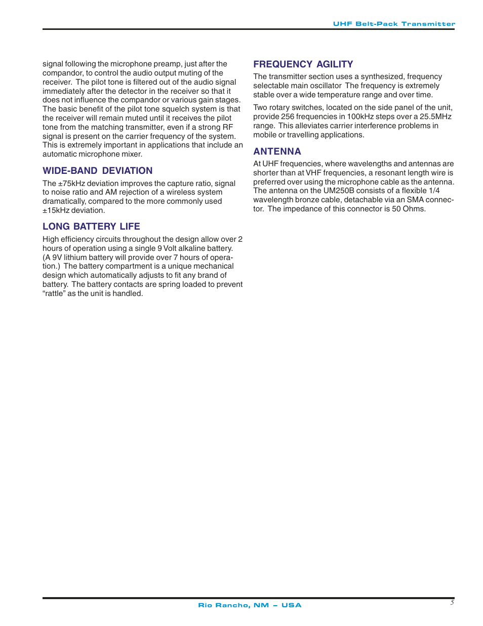 Wide-band deviation, Long battery life, Frequency agility | Antenna | Lectrosonics UM250c User Manual | Page 5 / 16