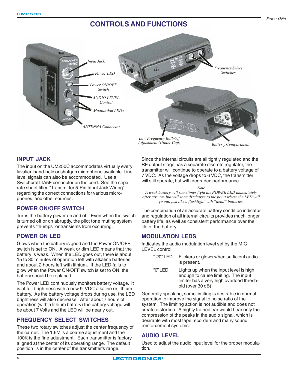 Controls and functions, Input jack, Power on/off switch | Power on led, Frequency select switches, Modulation leds, Audio level | Lectrosonics UM250c User Manual | Page 6 / 16