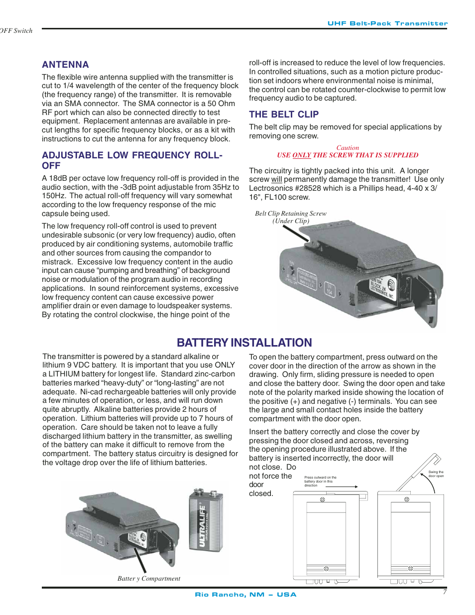 Antenna, Adjustable low frequency roll-off, Battery installation | The belt clip, Antenna adjustable low frequency roll-off, Adjustable low frequency roll­ off | Lectrosonics UM250c User Manual | Page 7 / 16