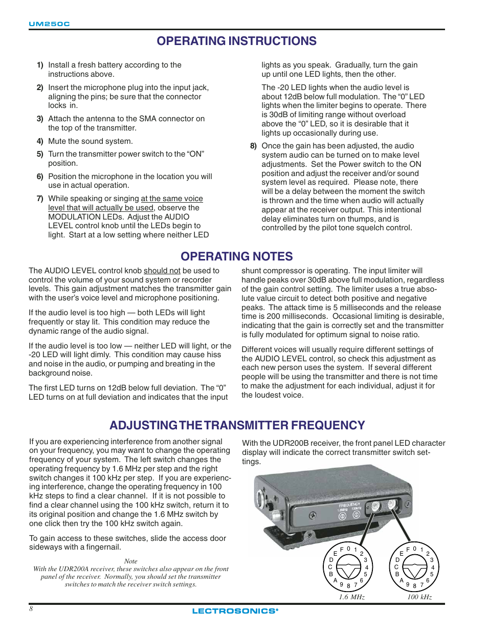 Operating instructions, Operating notes, Adjusting the transmitter frequency | Lectrosonics UM250c User Manual | Page 8 / 16
