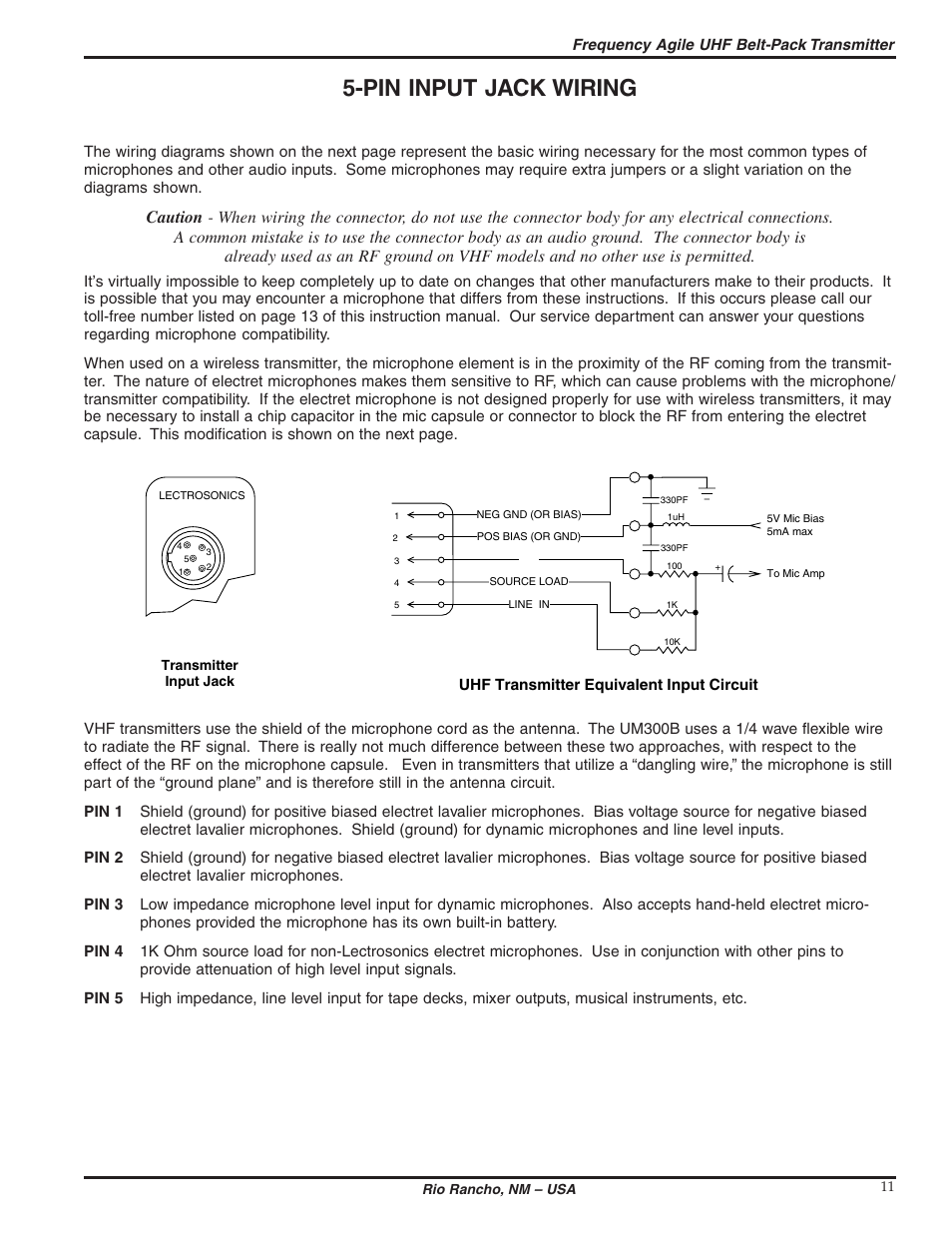 Pin input jack wiring | Lectrosonics UM300b User Manual | Page 11 / 16