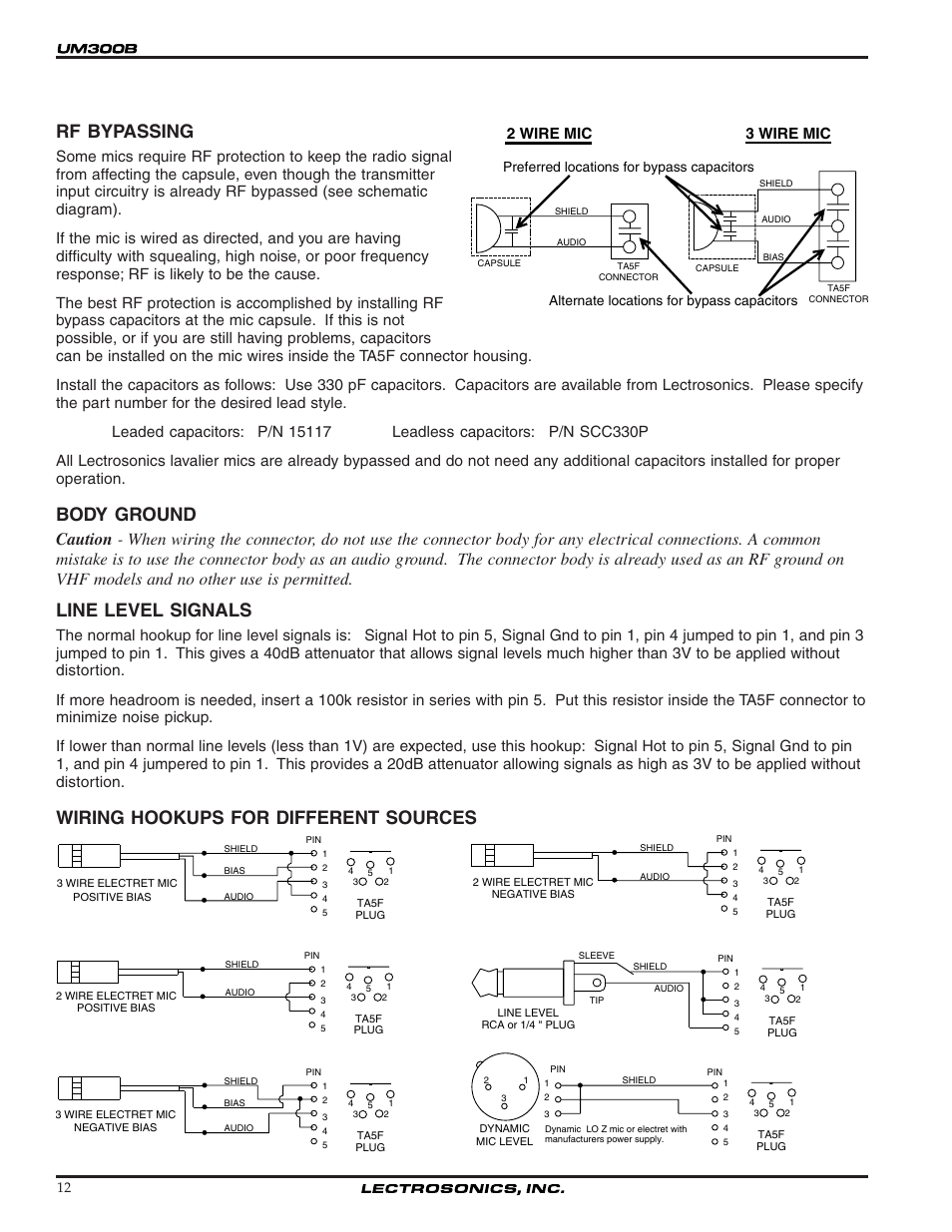 Rf bypassing, Body ground, Line level signals | Wiring hookups for different sources | Lectrosonics UM300b User Manual | Page 12 / 16