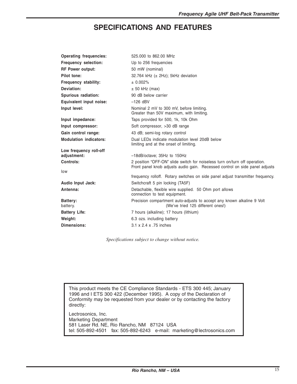 Specifications and features | Lectrosonics UM300b User Manual | Page 15 / 16