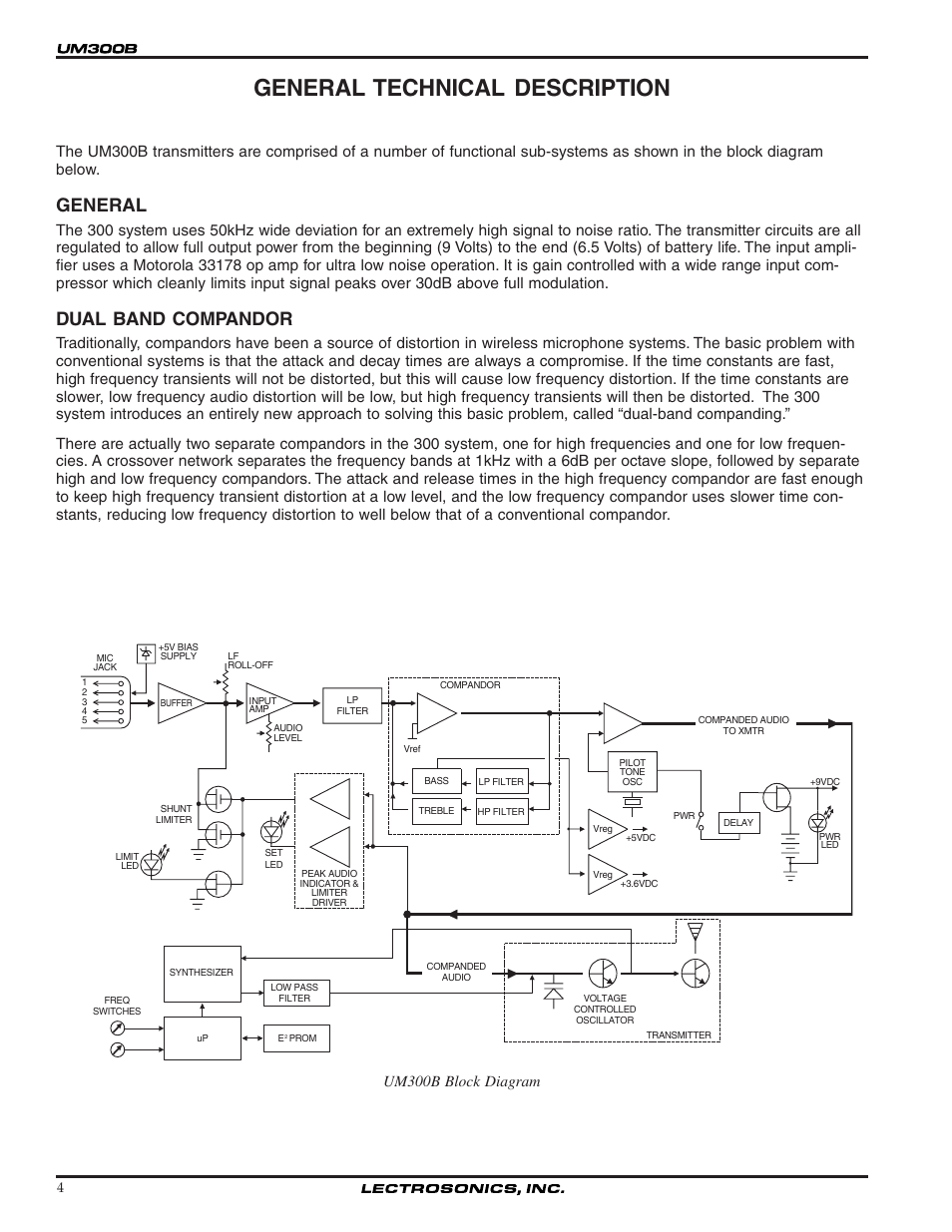 General technical description, General, Dual band compandor | Um300b block diagram | Lectrosonics UM300b User Manual | Page 4 / 16