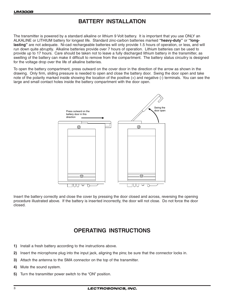 Battery installation, Operating instructions | Lectrosonics UM300b User Manual | Page 8 / 16