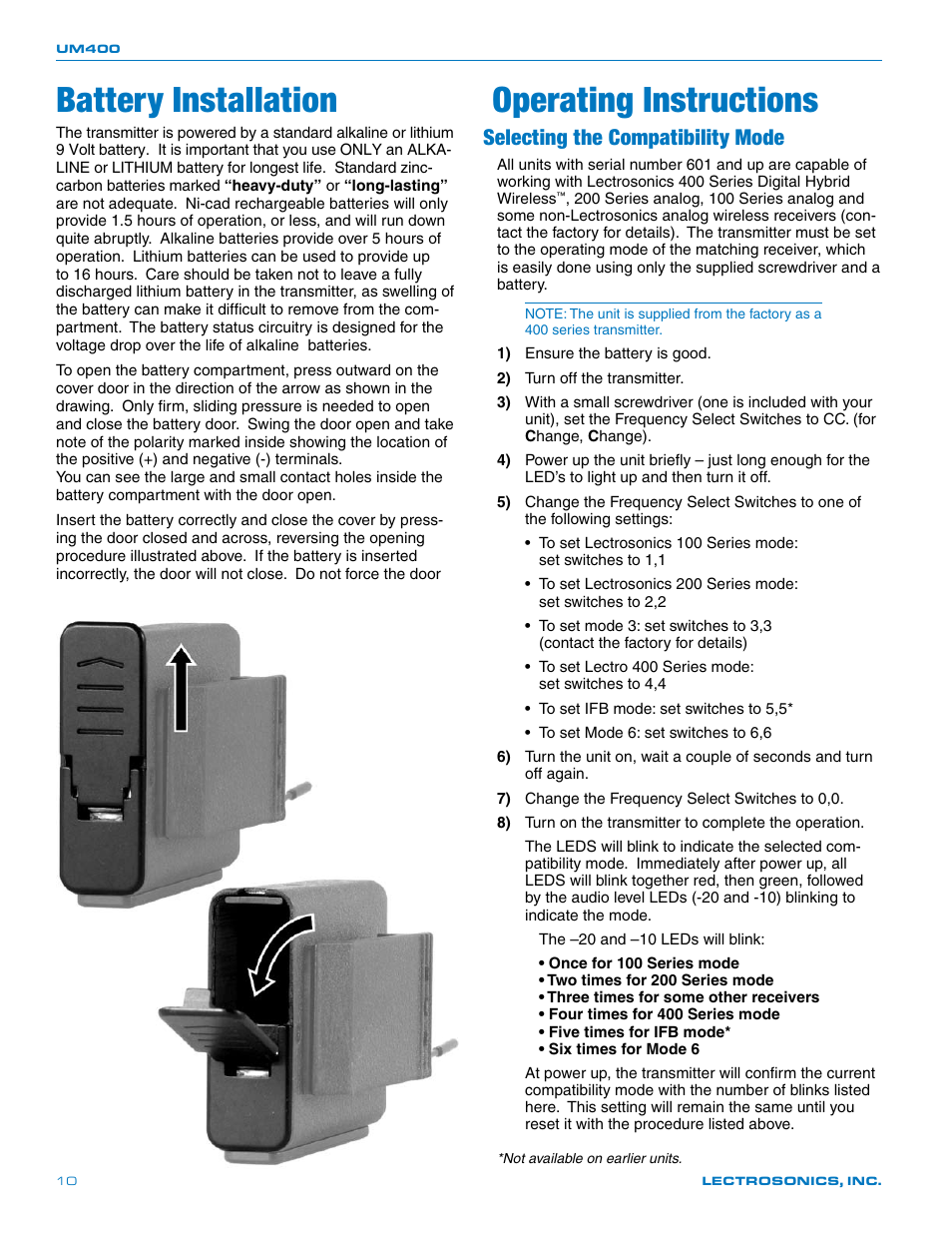 Battery installation operating instructions, Selecting the compatibility mode | Lectrosonics UM400 User Manual | Page 10 / 20