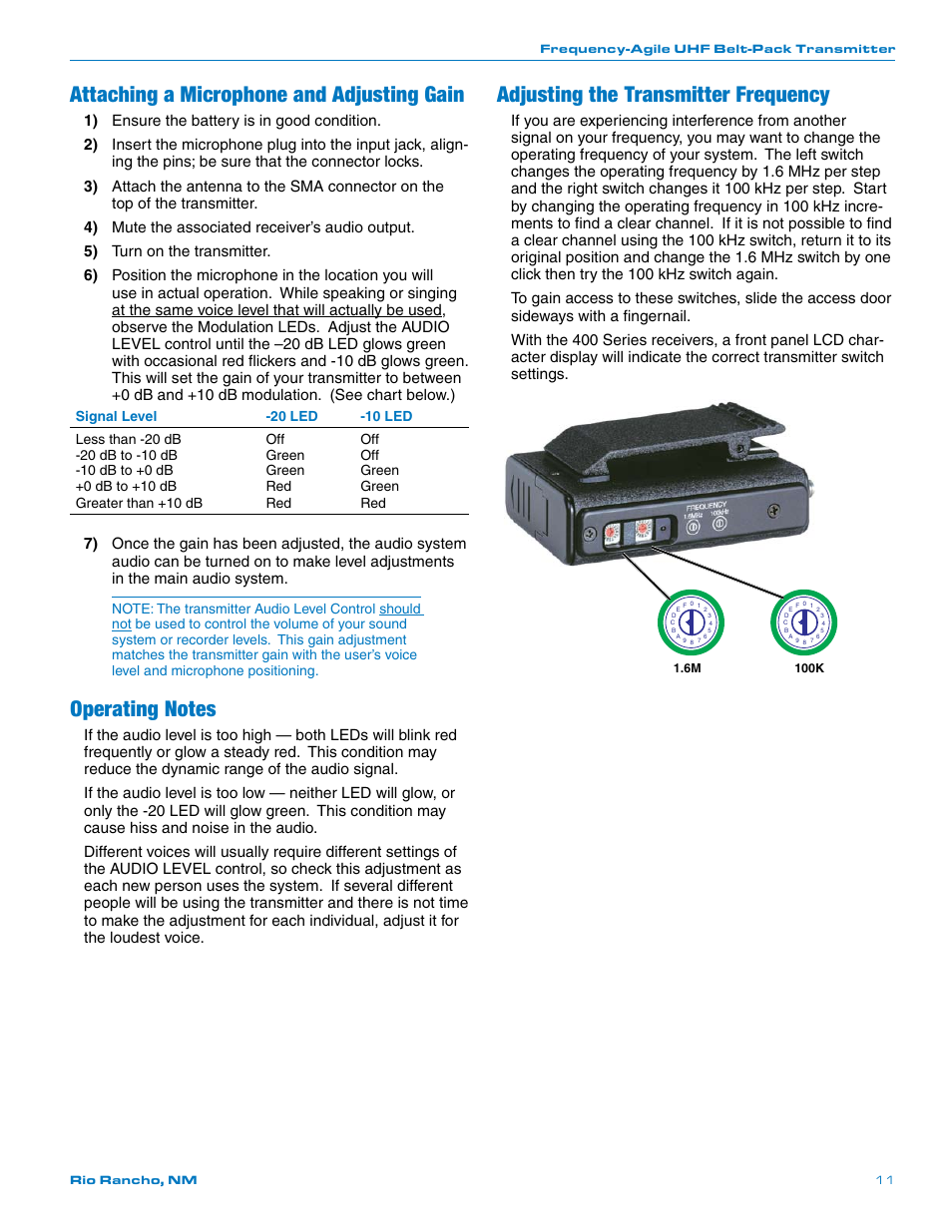 Attaching a microphone and adjusting gain, Adjusting the transmitter frequency | Lectrosonics UM400 User Manual | Page 11 / 20