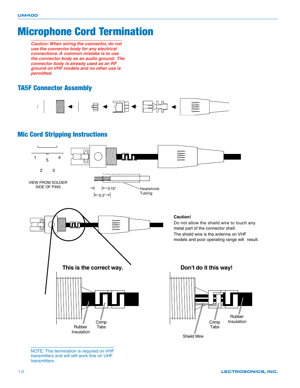 Microphone cord termination, This is the correct way. don't do it this way | Lectrosonics UM400 User Manual | Page 12 / 20