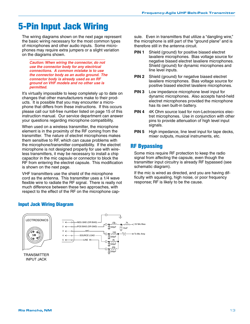 Pin input jack wiring, Rf bypassing, Input jack wiring diagram | Lectrosonics UM400 User Manual | Page 13 / 20