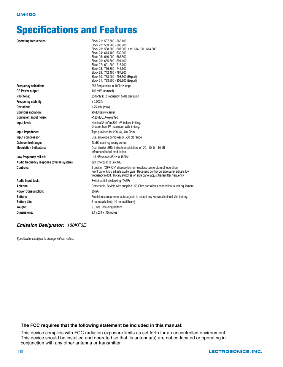 Specifications and features | Lectrosonics UM400 User Manual | Page 18 / 20