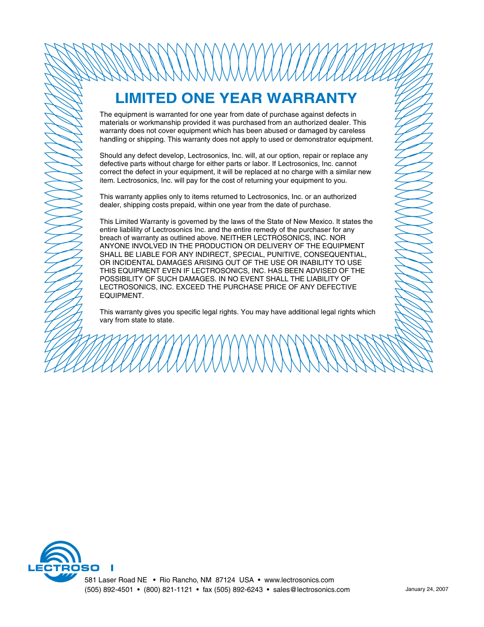 Limited one year warranty | Lectrosonics UM400 User Manual | Page 20 / 20