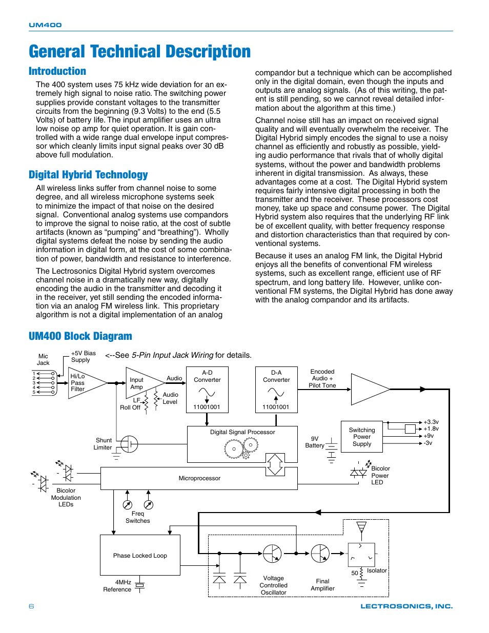 General technical description, Introduction, Digital hybrid technology | Um400 block diagram | Lectrosonics UM400 User Manual | Page 6 / 20