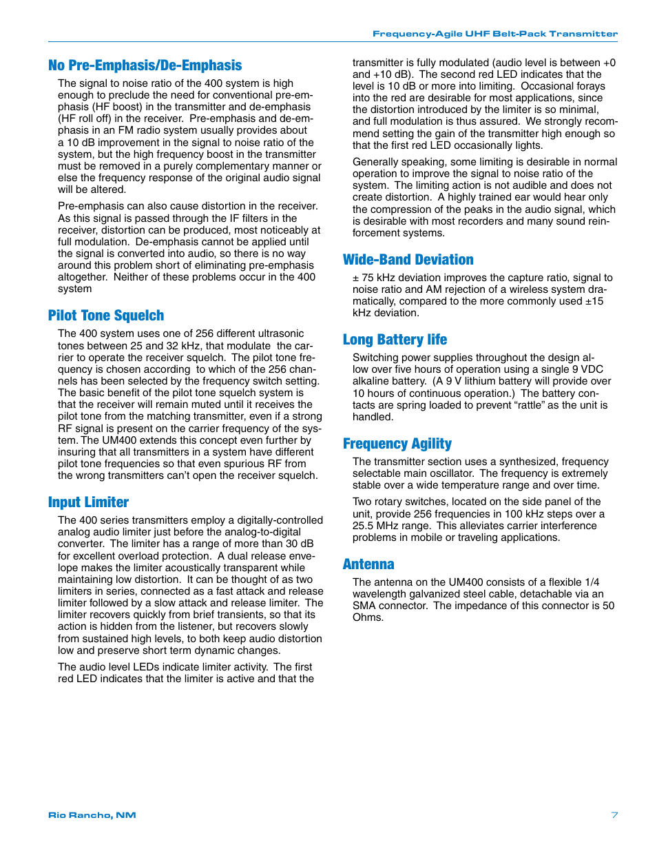 No pre-emphasis/de-emphasis, Pilot tone squelch, Input limiter | Wide-band deviation, Long battery life, Frequency agility, Antenna | Lectrosonics UM400 User Manual | Page 7 / 20