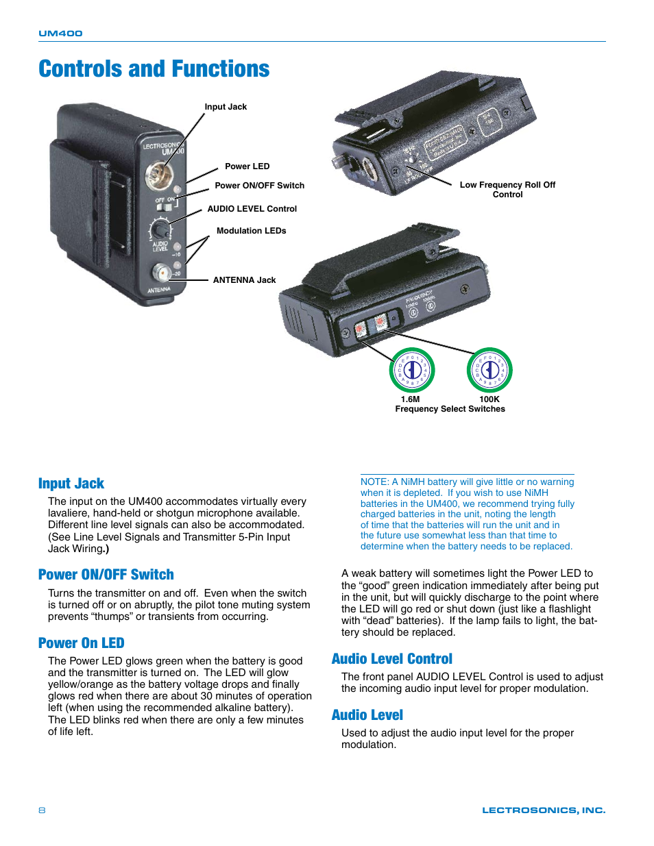 Controls and functions, Input jack, Power on/off switch | Power on led, Audio level control, Audio level | Lectrosonics UM400 User Manual | Page 8 / 20