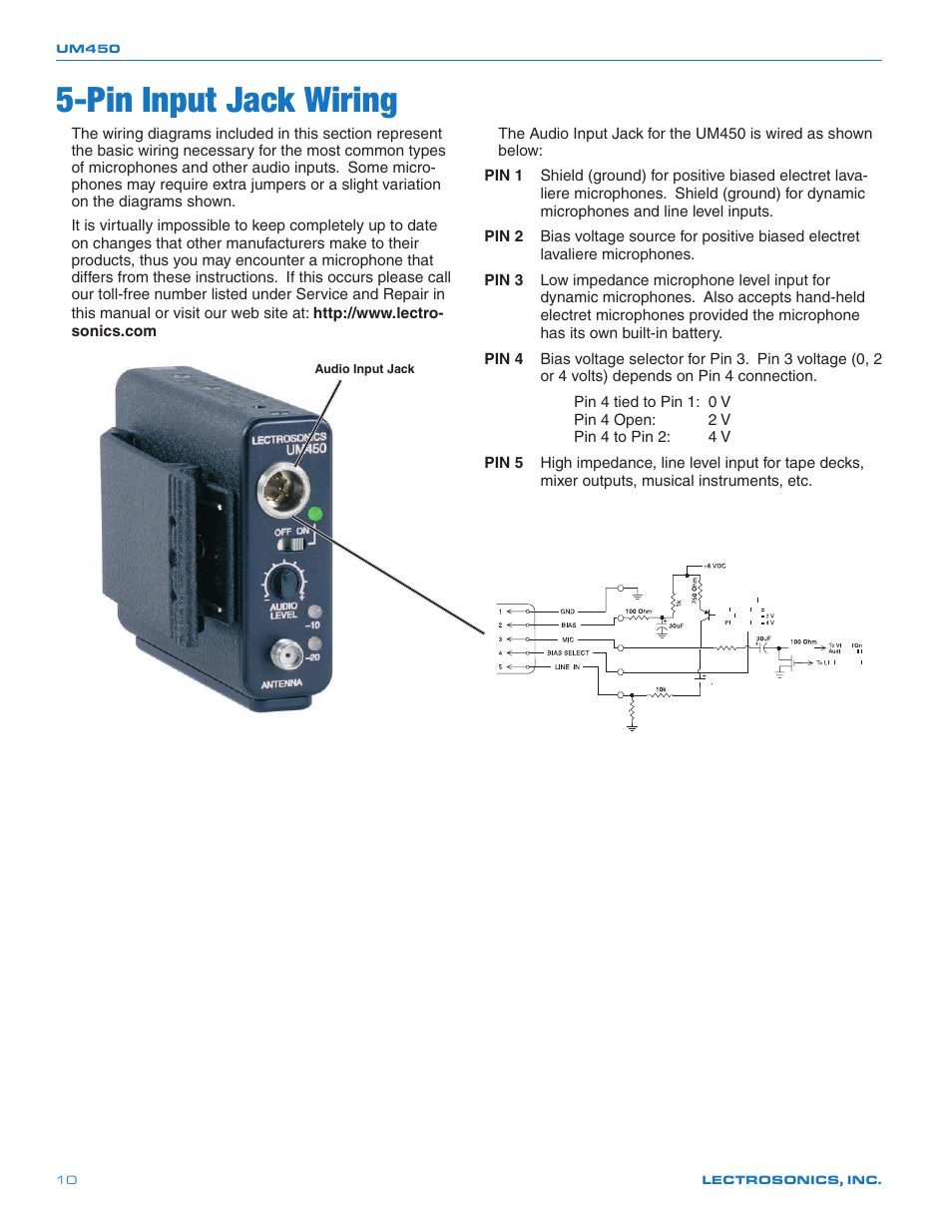 Pin input jack wiring | Lectrosonics UM450 User Manual | Page 10 / 20