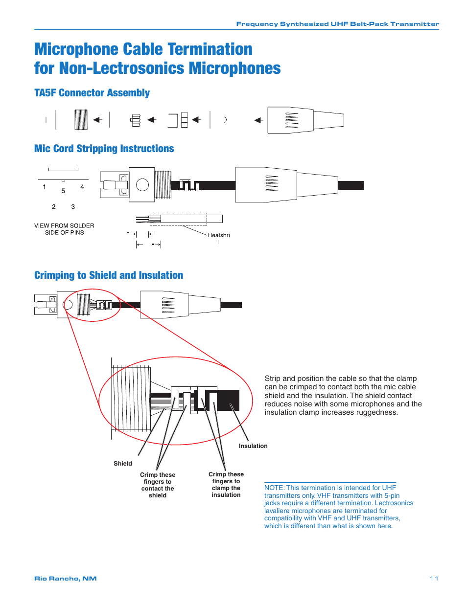 Microphone cord termination, Ta5f connector assembly, Mic cord stripping instructions | Lectrosonics UM450 User Manual | Page 11 / 20