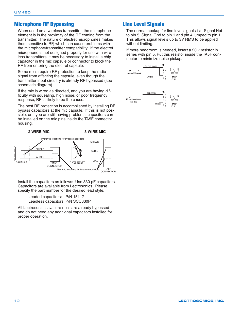 Microphone rf bypassing, Line level signals | Lectrosonics UM450 User Manual | Page 12 / 20