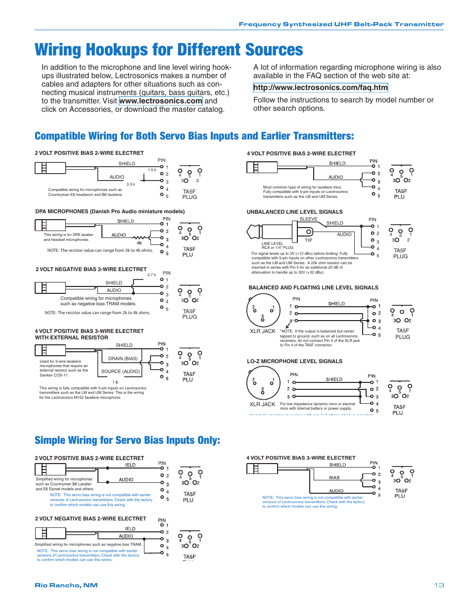 Wiring hookups for different sources, Works with servo inputs only, Simple wiring for servo bias inputs only | Lectrosonics UM450 User Manual | Page 13 / 20