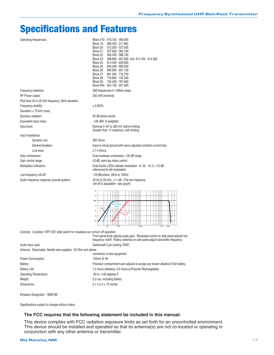 Specifications and features | Lectrosonics UM450 User Manual | Page 17 / 20