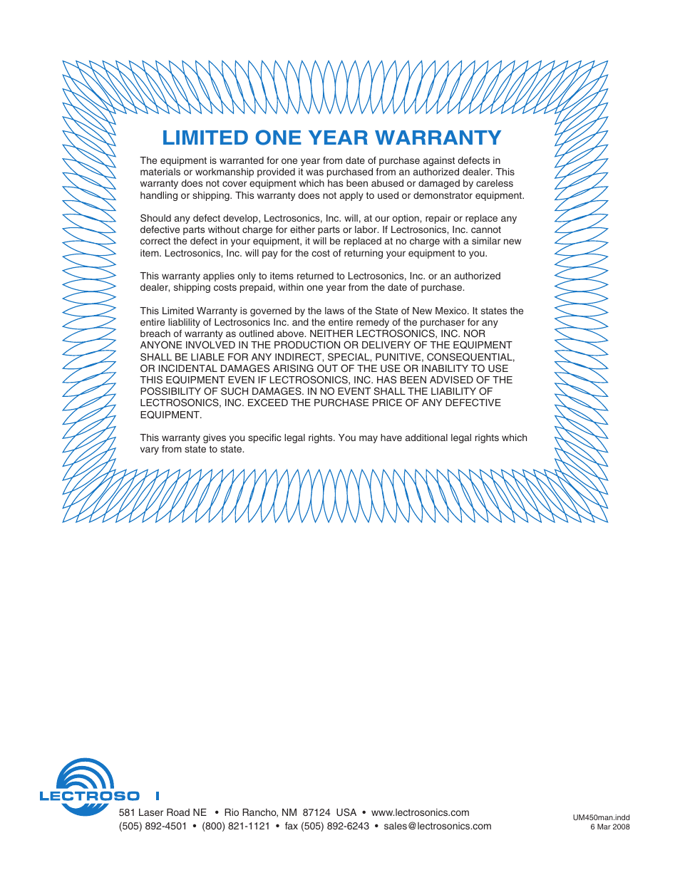 Limited one year warranty | Lectrosonics UM450 User Manual | Page 20 / 20