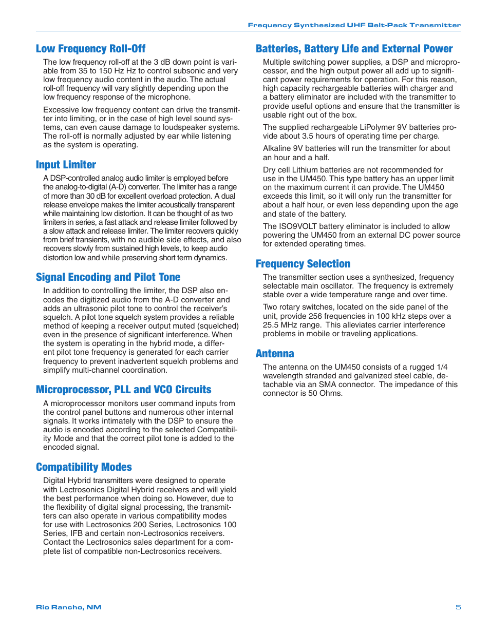 No pre-emphasis/de-emphasis, Pilot tone squelch, Input limiter | Wide-band deviation, Batteries, battery life and external power, Frequency selection, Antenna, Low frequency roll-off, Signal encoding and pilot tone, Microprocessor, pll and vco circuits | Lectrosonics UM450 User Manual | Page 5 / 20