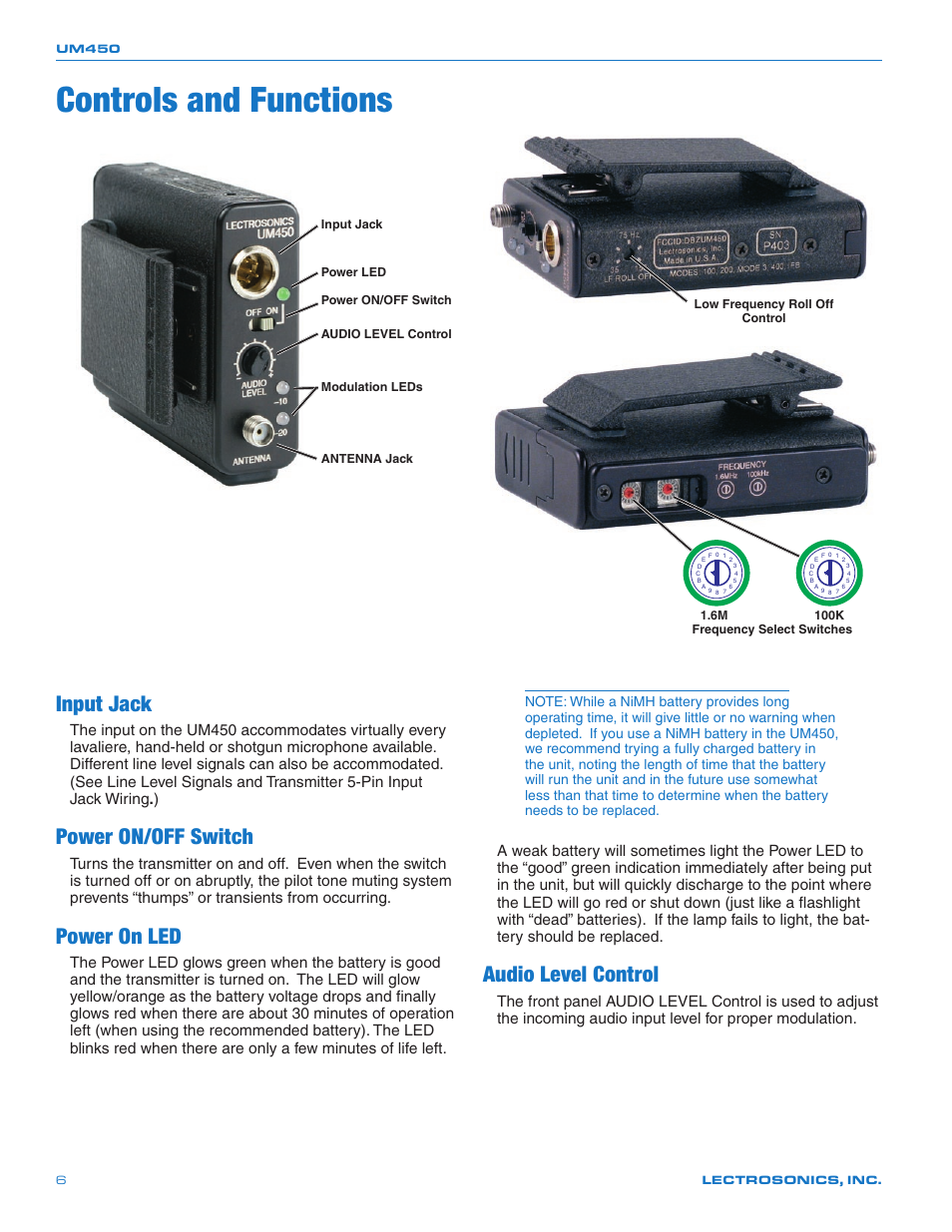 Controls and functions, Input jack, Power on/off switch | Power on led, Audio level control | Lectrosonics UM450 User Manual | Page 6 / 20