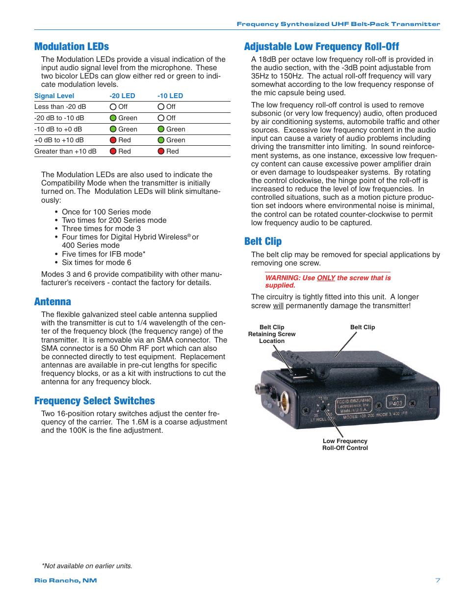 Modulation leds, Antenna, Frequency select switches | Adjustable low frequency roll-off, Belt clip | Lectrosonics UM450 User Manual | Page 7 / 20