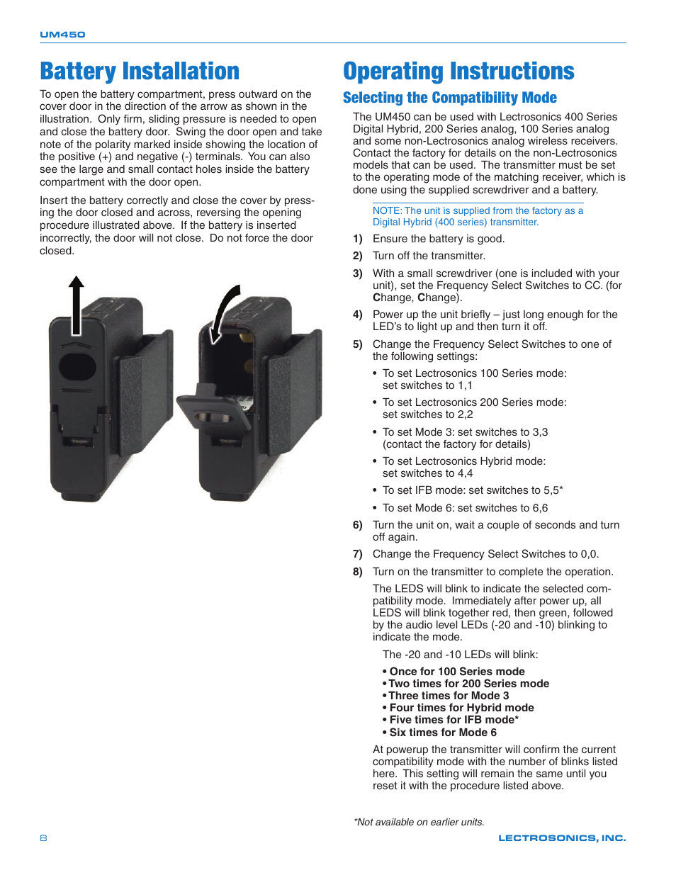 Battery installation, Operating instructions, Selecting the compatibility mode | Battery installation operating instructions | Lectrosonics UM450 User Manual | Page 8 / 20