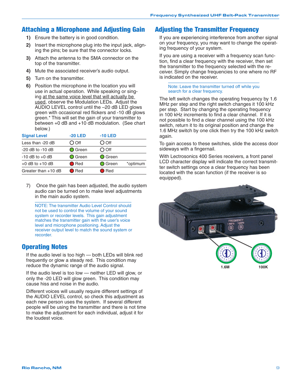 Attaching a microphone and adjusting gain, Operating notes, Adjusting the transmitter frequency | Lectrosonics UM450 User Manual | Page 9 / 20