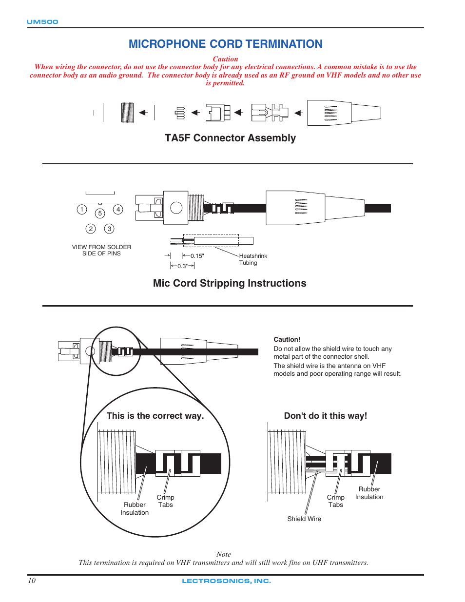 Microphone cord termination, This is the correct way. don't do it this way | Lectrosonics UM500 User Manual | Page 10 / 16