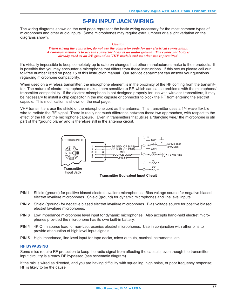 Pin input jack wiring | Lectrosonics UM500 User Manual | Page 11 / 16