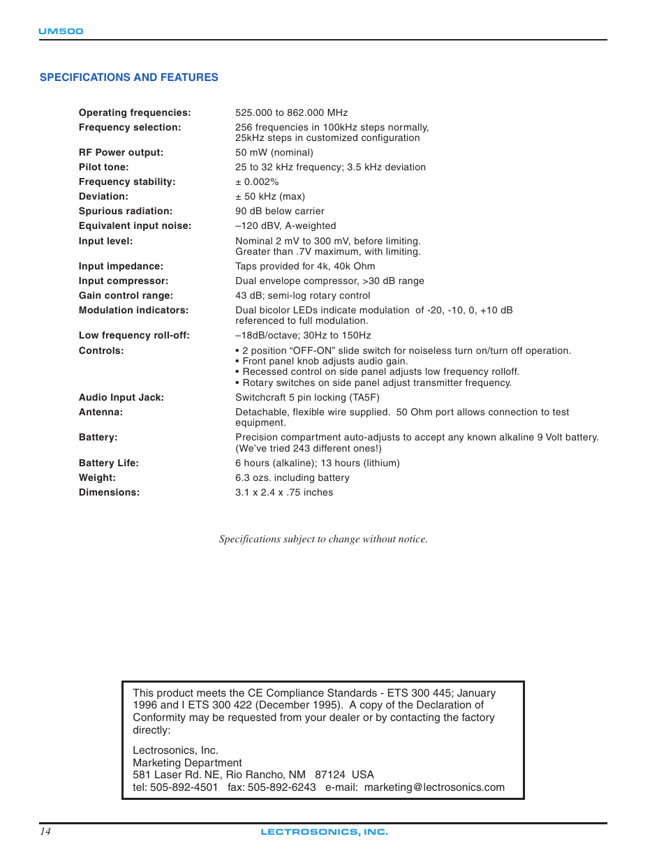 Lectrosonics UM500 User Manual | Page 14 / 16