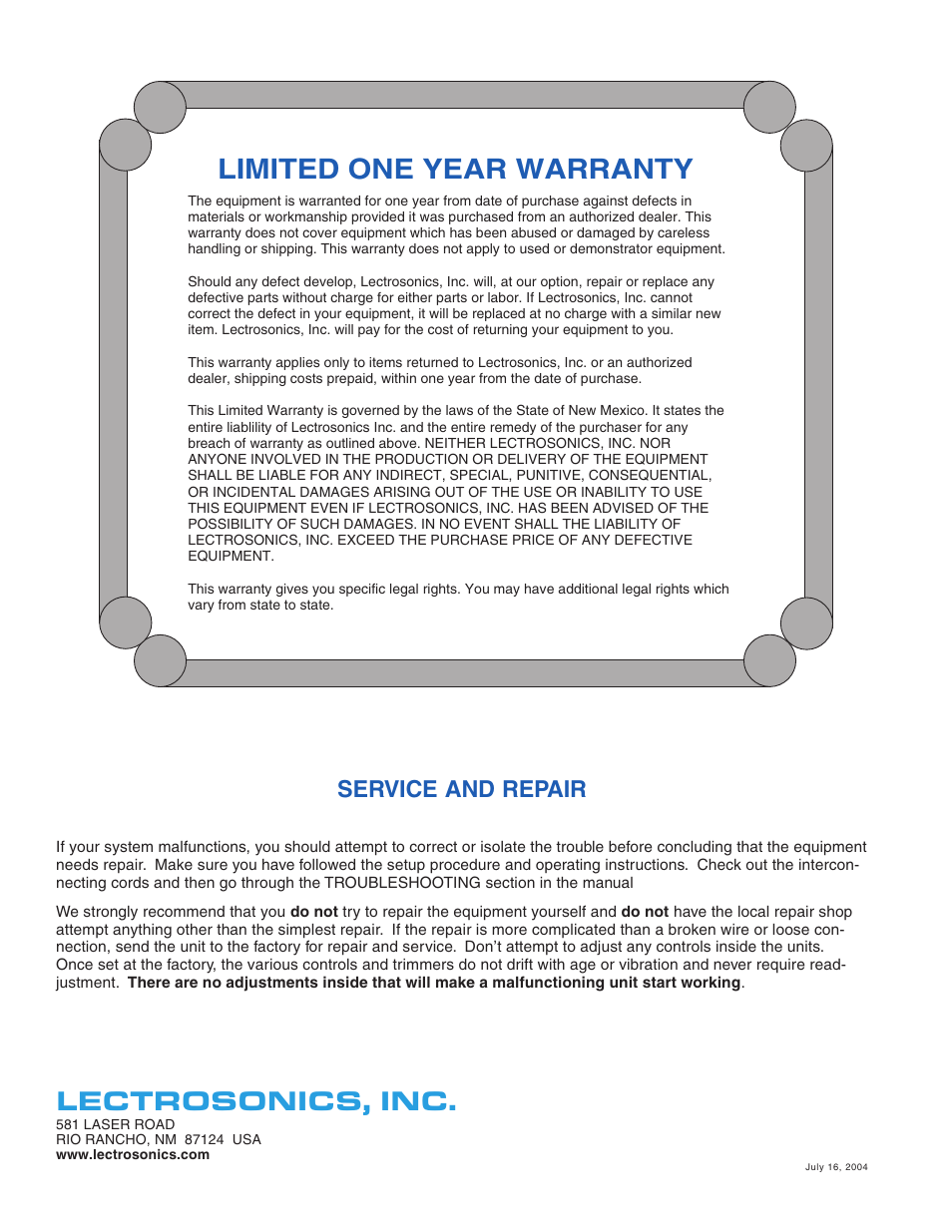 Limited one year warranty, Lectrosonics, inc, Service and repair | Lectrosonics UM500 User Manual | Page 16 / 16