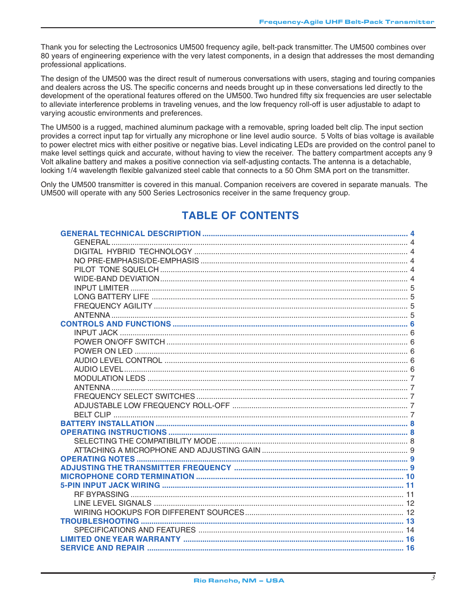 Lectrosonics UM500 User Manual | Page 3 / 16