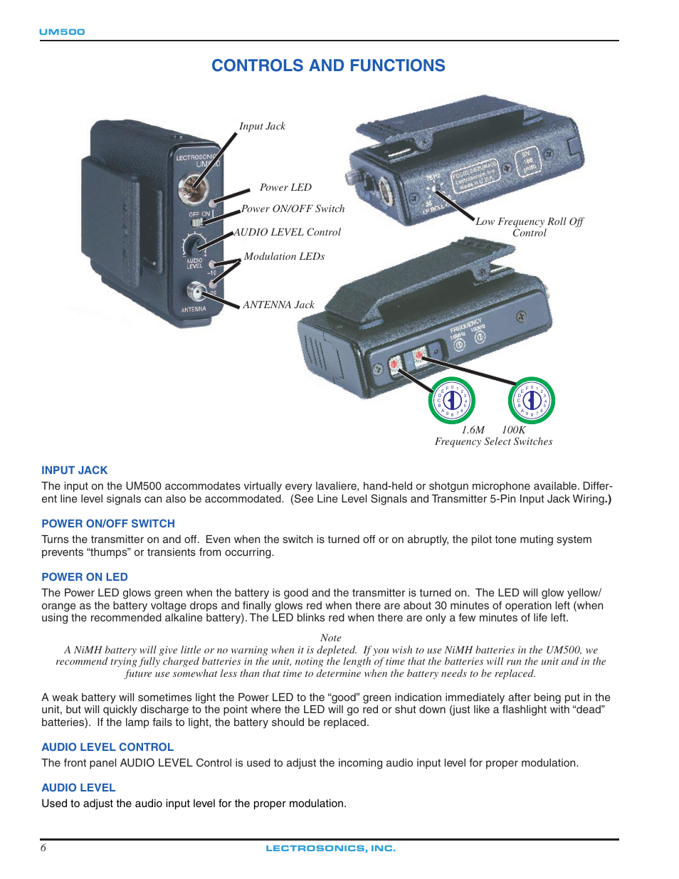 Controls and functions, Low frequency roll off control | Lectrosonics UM500 User Manual | Page 6 / 16