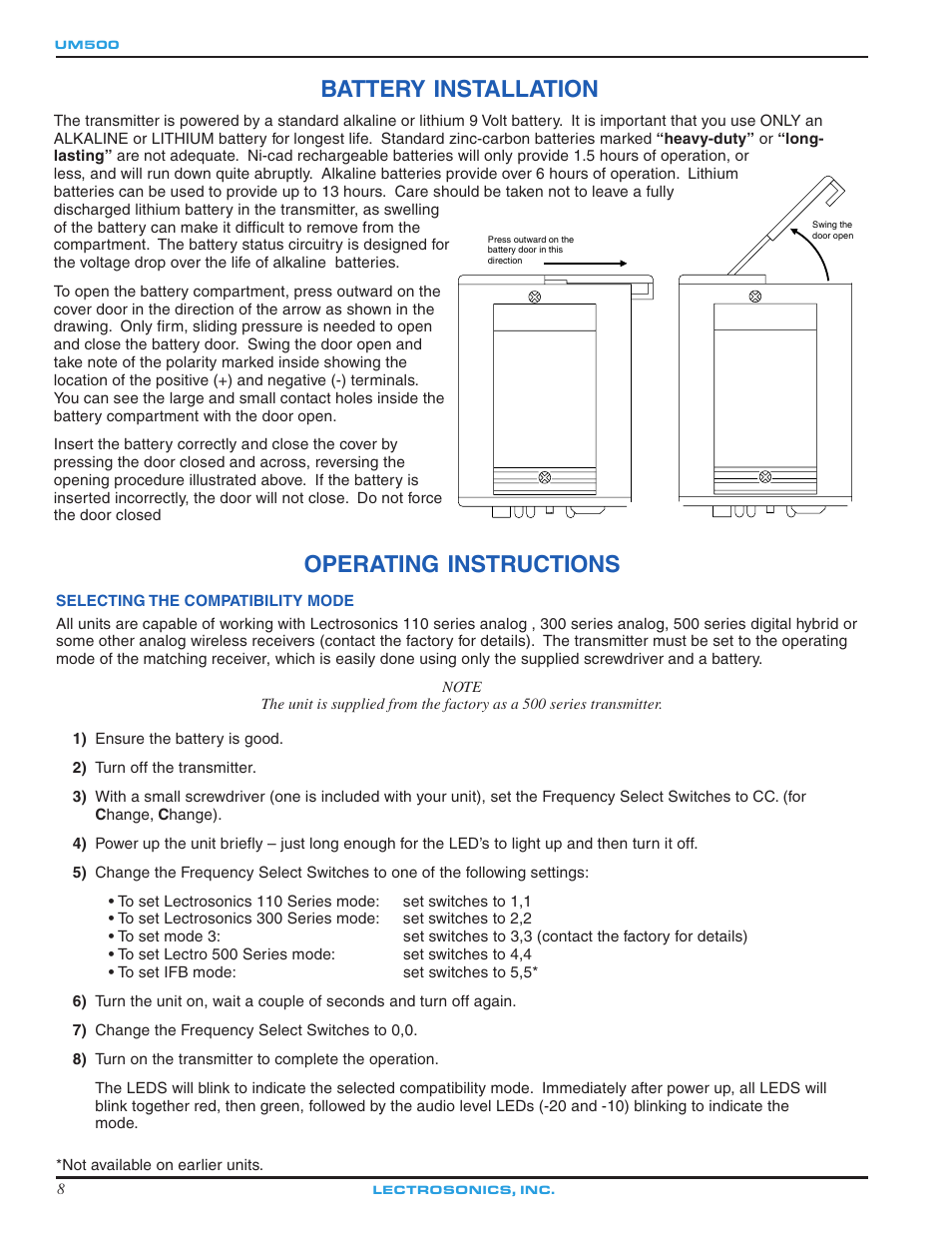 Battery installation, Operating instructions | Lectrosonics UM500 User Manual | Page 8 / 16