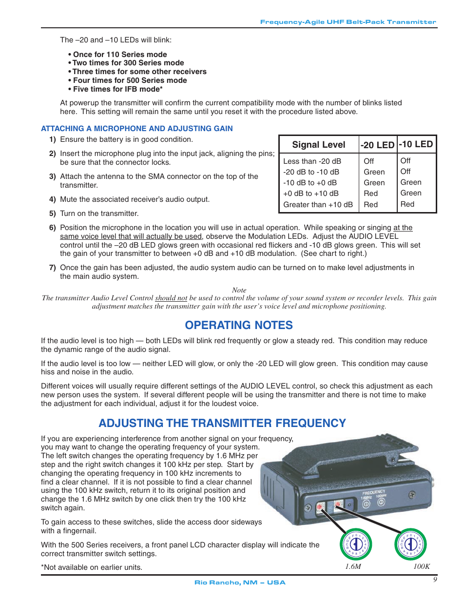 Adjusting the transmitter frequency, Signal level -20 led -10 led | Lectrosonics UM500 User Manual | Page 9 / 16