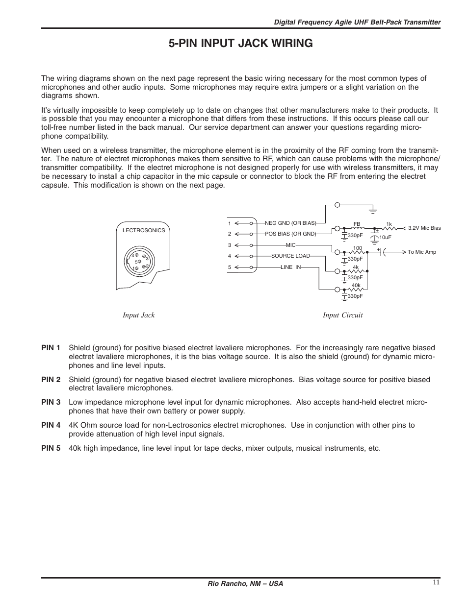 Pin input jack wiring | Lectrosonics UM700 User Manual | Page 11 / 16