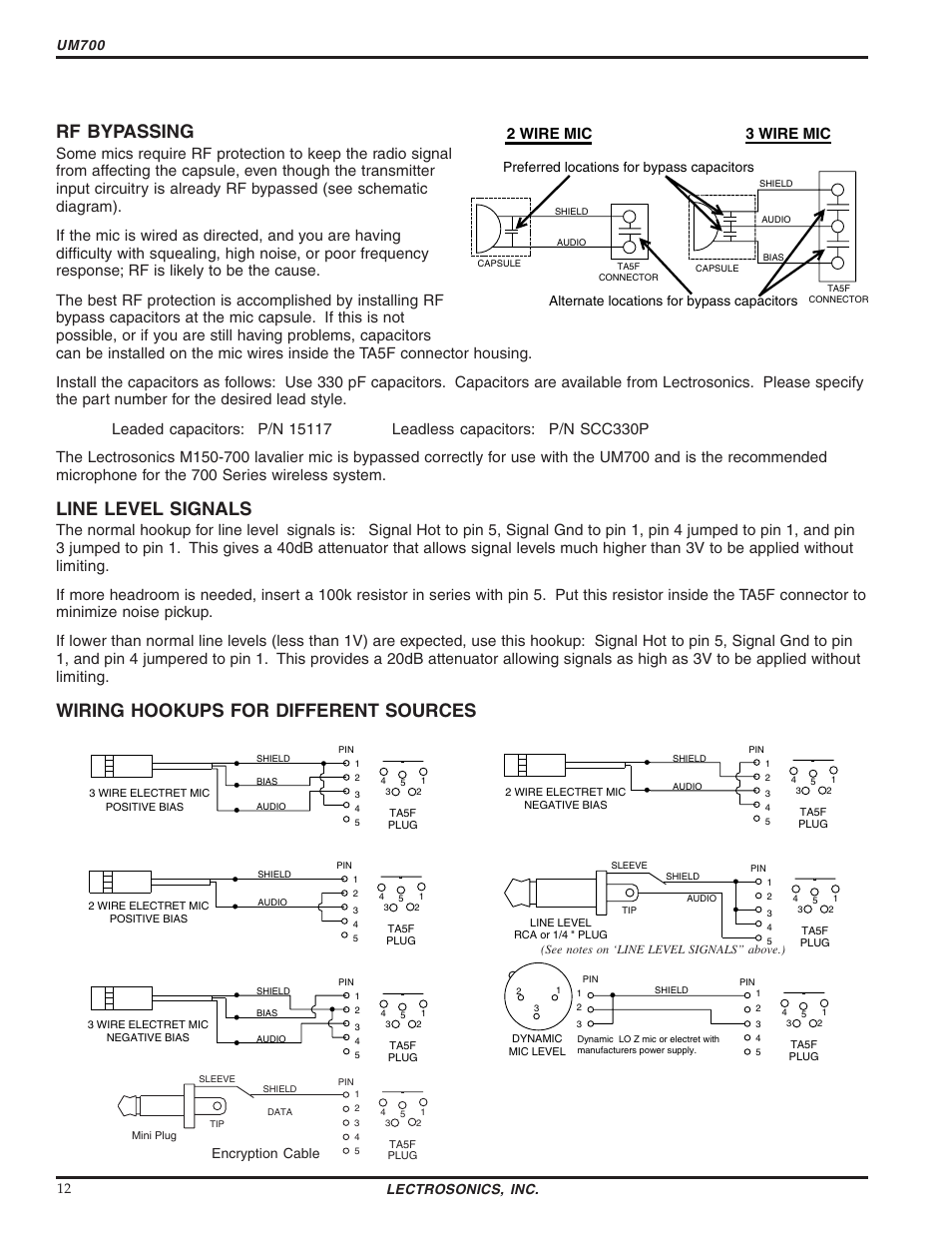 Rf bypassing, Line level signals, Wiring hookups for different sources | Um700, Encryption cable lectrosonics, inc. 12 | Lectrosonics UM700 User Manual | Page 12 / 16