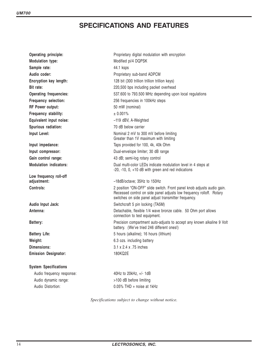 Specifications and features | Lectrosonics UM700 User Manual | Page 14 / 16