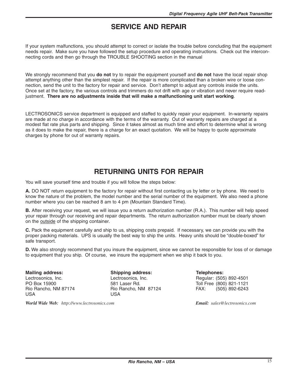 Service and repair, Returning units for repair | Lectrosonics UM700 User Manual | Page 15 / 16